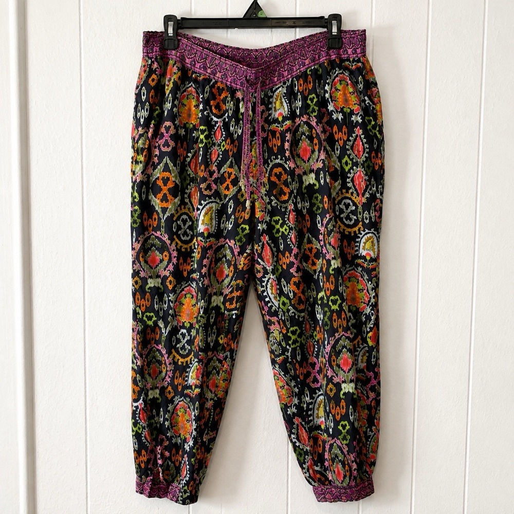 Sundance Womens Large Pants Leia Purple Floral Pasiley Tapered Boho 100% Cotton